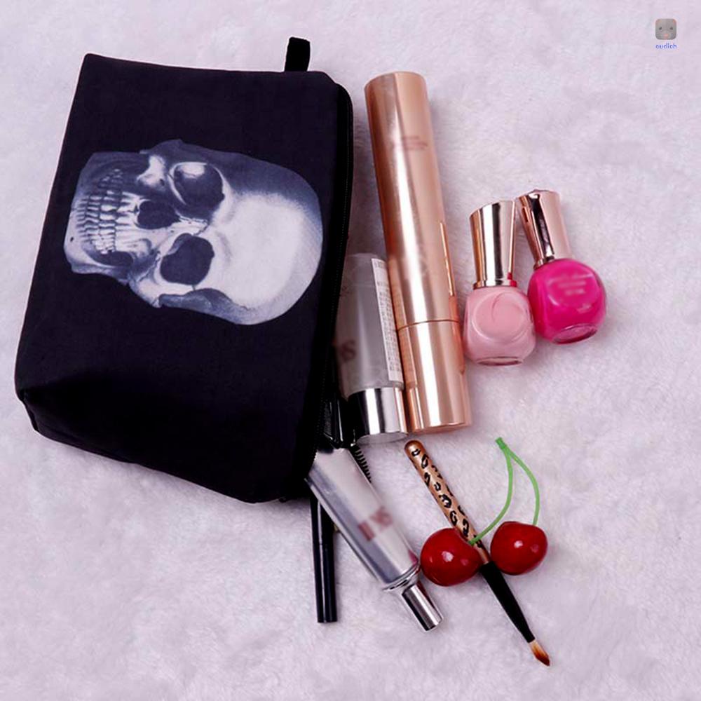 Túi Đựng Mỹ Phẩm Màu Đen In Họa Tiết Đầu Lâu 3D Độc Đáo Tiện Dụng Mang Theo Du Lịch Cho Nữ