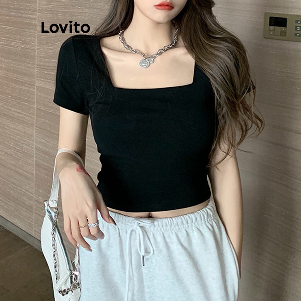 Lovito Áo thun cổ vuông basic trơn đơn giản cho nữ LNE11006 (Đen)
