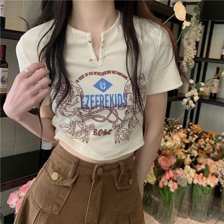 Áo Croptop Tay Ngắn Cổ Chữ V In Họa Tiết Phong Cách retro Dành Cho Nữ