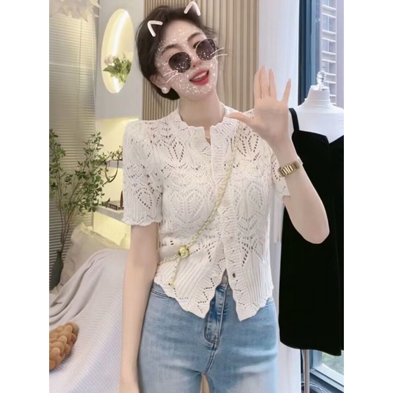 Áo Cardigan Dệt Kim Tay Ngắn Phong Cách Thời Trang Pháp Cổ Điển Hàng Mới 2023