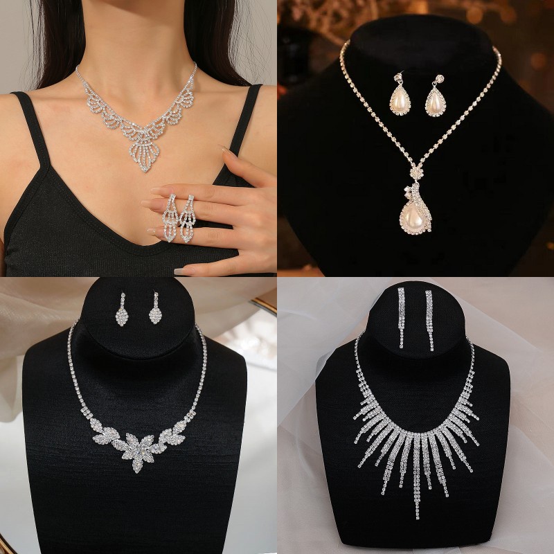 Bộ Vòng cổ + Bông Tai Thời Trang Âu Mỹ Đính Kim Cương Giả Sang Trọng