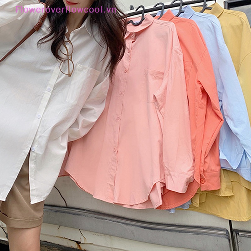 Áo Sơ Mi Tay Dài Màu Trơn Dáng Rộng Cài Khuy Kiểu Vintage Đường Phố