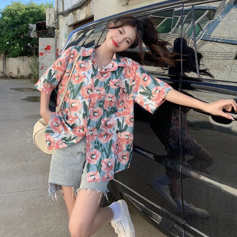 Cozok Áo Sơ Mi Ngắn Tay Dáng Rộng In Hoa Giản Dị Thời Trang