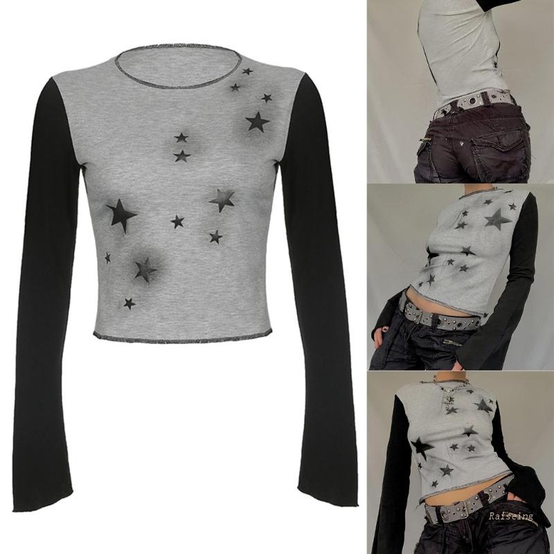 Áo Croptop Tay Dài Cổ Tròn In Họa Tiết Ngôi Sao Màu Đen / Nâu Thời Trang Mùa Hè Xinh Xắn Cho Nữ Y2k