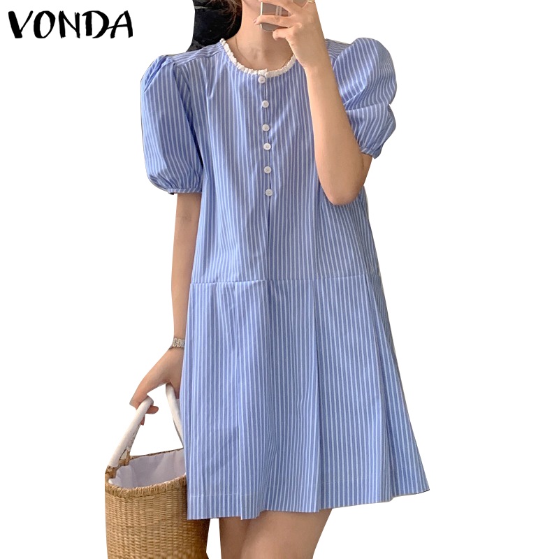 Đầm ngắn VONDA cổ tròn tay phồng họa tiết kẻ sọc phong cách Hàn Quốc thời trang cho nữ