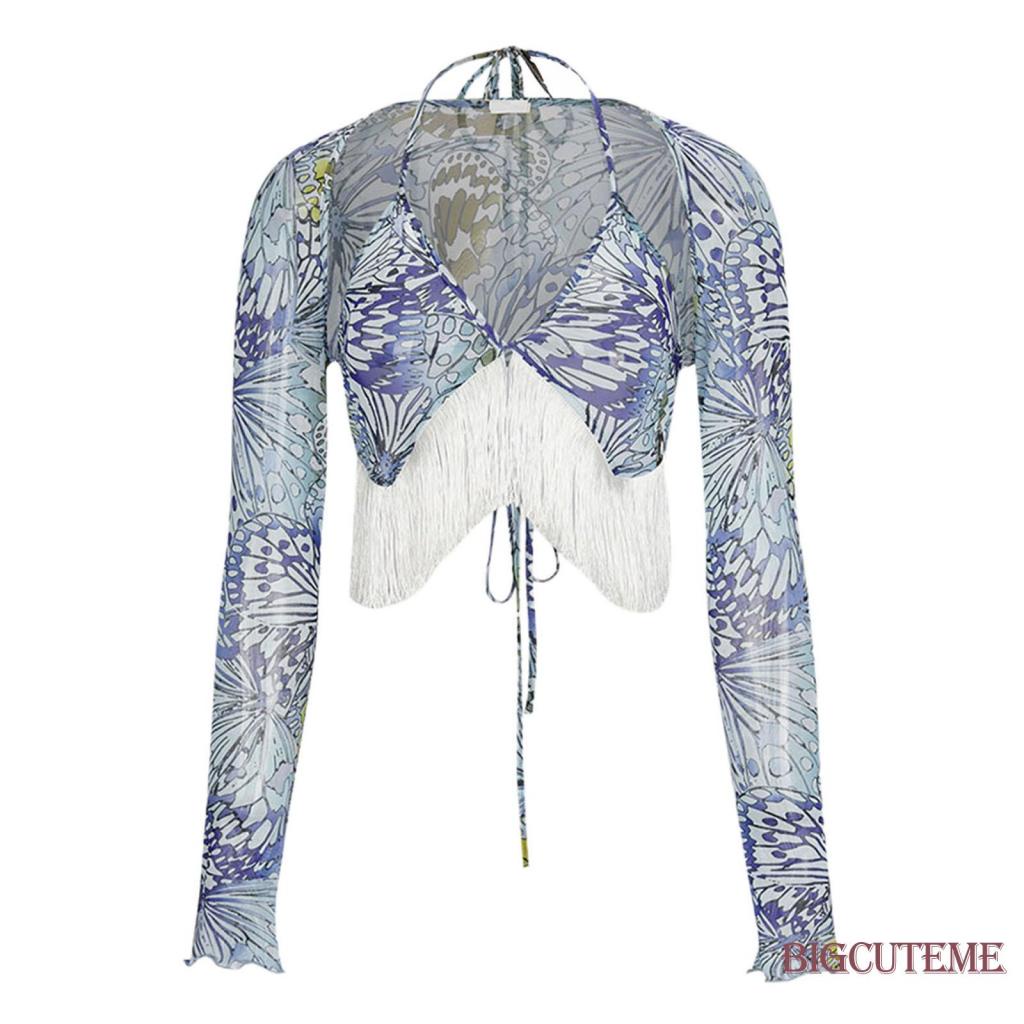 [] - Bộ Áo 2 Cái Cho Phụ Nữ.Set Áo Tay Dài + Áo Hai Dây Họa Tiết Bướm Xinh Xắn Thời Trang