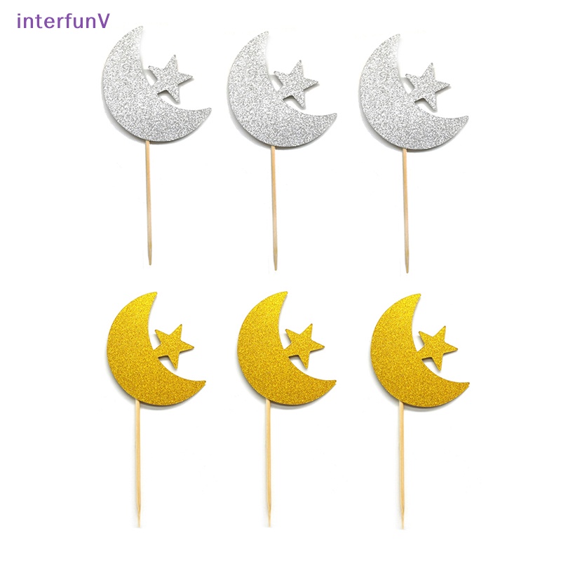 [InterfunV] Set 12 Que Cắm Bánh Sinh Nhật Hình Ngôi Sao / Mặt Trăng Màu Vàng / Bạc Cho Sinh Nhật [Mới