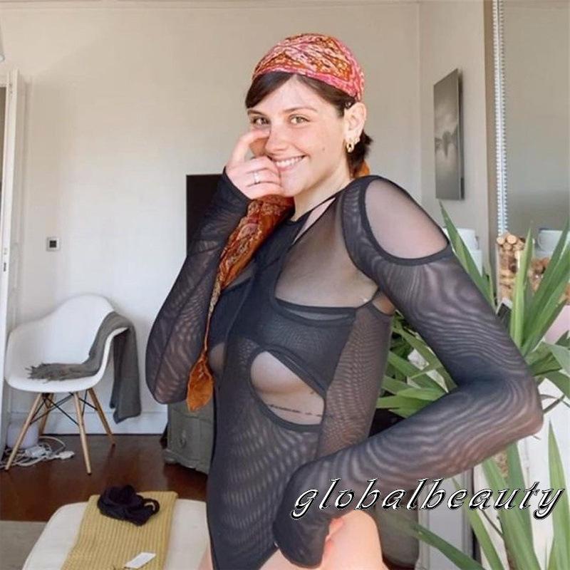 Áo Liền Thân Tay Dài Cổ Thuyền Dáng Ôm Hở Lỗ Màu Trơn Phối Quần Lọt Khe Thời Trang Quyến Rũ Cho Nữ