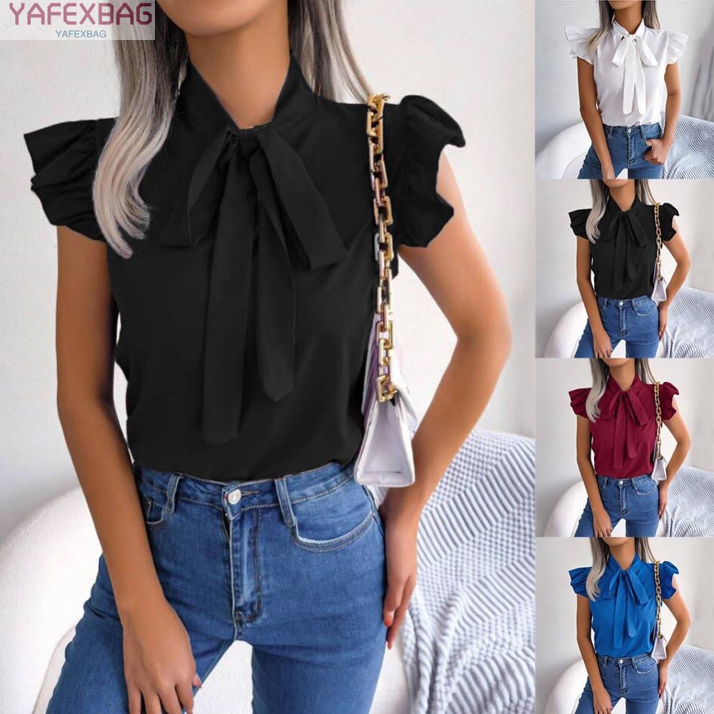 Women Summer Ruffles Sleeveless Solid Color Lace Up Tie Bow Blouses Pullover Top