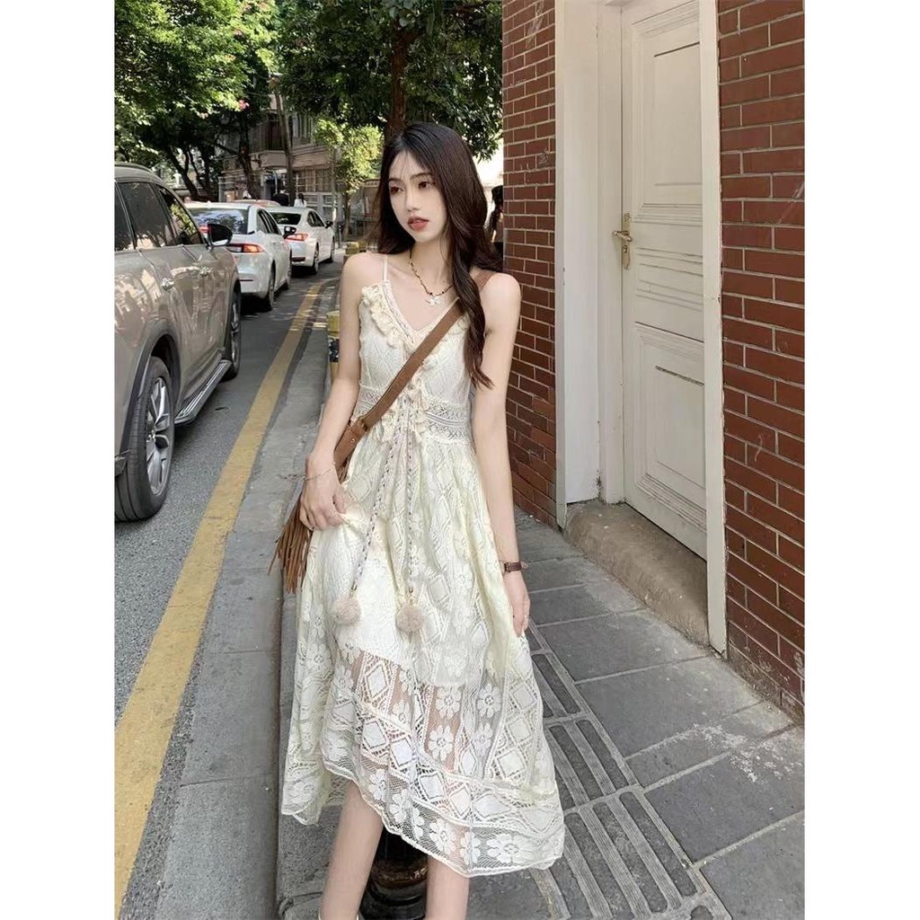 Đầm Hai Dây Phối Ren Tua Rua Phong Cách Dân Tộc Bohemian Cổ Điển Bán Chạy