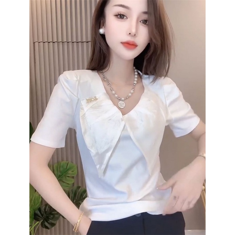 Áo Thun Cotton Mỏng Mùa Hè Cổ Chữ V Thắt Nơ Ghép Màu Tương Phản Thời Trang Cho Nữ