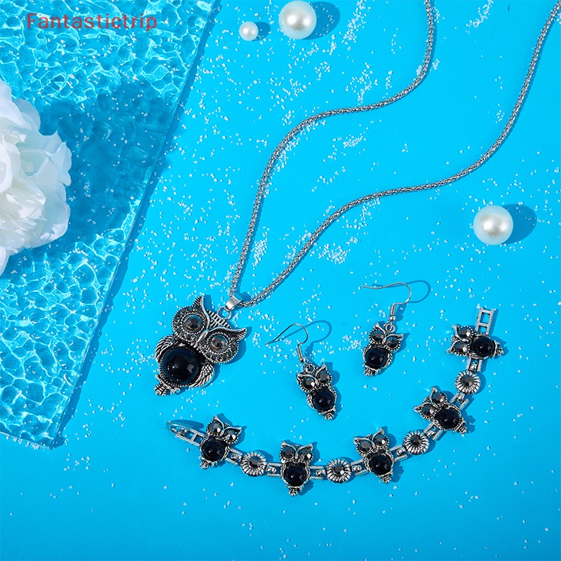 Bộ Trang Sức Vòng cổ / Vòng Tay / Bông Tai Hình Chim Cú Đính Đá Ngọc Lam Phong Cách Vintage Cho Nữ Mới