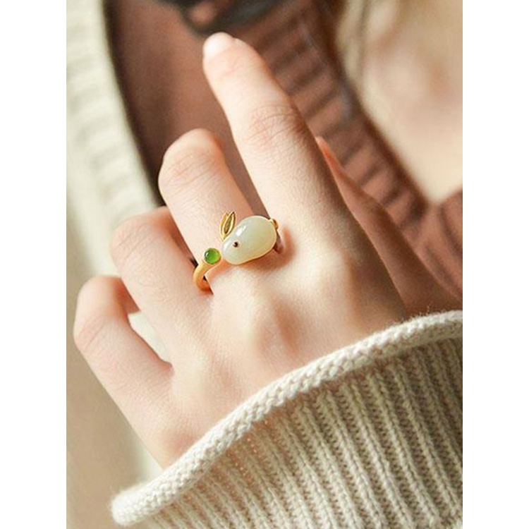 Margot Nhẫn Đính Đá Ngọc Bích Tự Nhiên Hình Thỏ Dễ Thương Có Thể Điều Chỉnh Cho Nữ