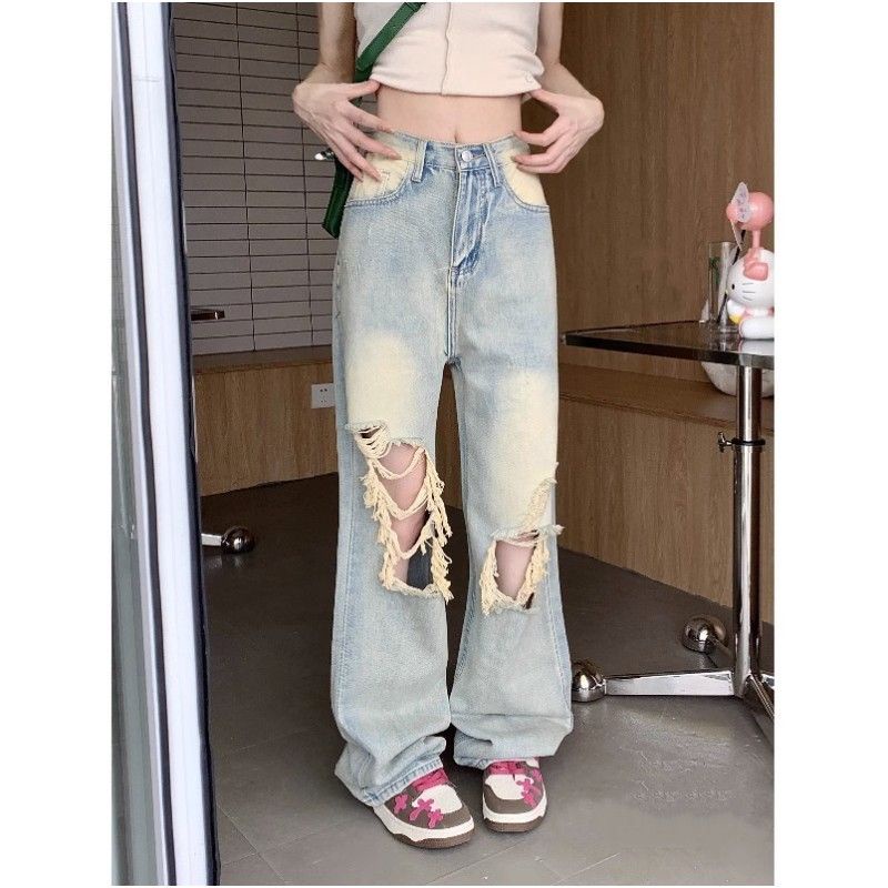 Quần Jean Rách Ống Rộng Lưng Cao Thời Trang Mùa Hè Phong Cách Mỹ Cổ Điển Kiểu Mới Dành Cho Bạn Nữ