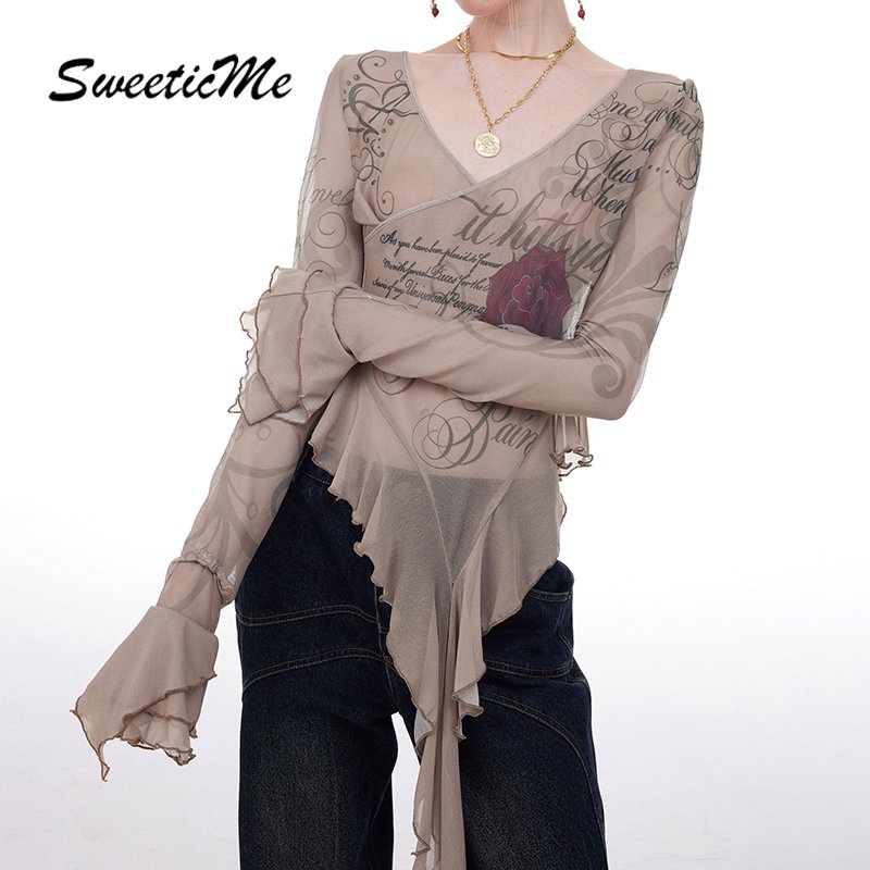 Áo Thun Tay Loe Cổ Chữ V Phối Màu Tương Phản Thời Trang Retro 2023 Cho Nữ