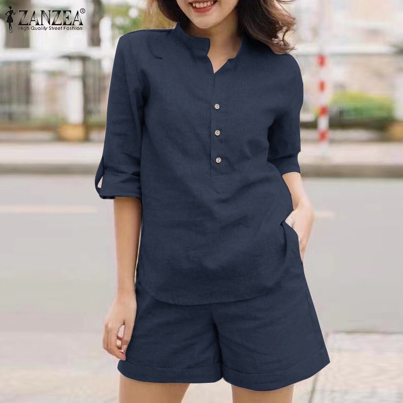 Zanzea Bộ Áo Sơ Mi Cotton Cổ Đứng Phối Quần Short Kiểu Vintage Thời Trang