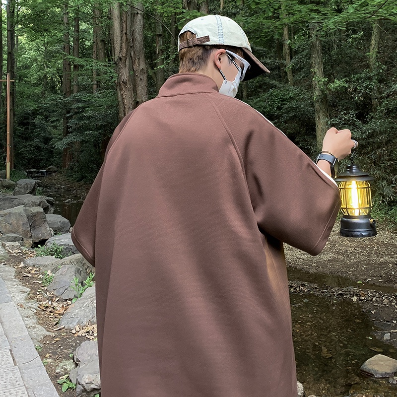 Áo Thun Polo Tay Ngắn Cổ Đứng Phối Màu Tương Phản Phong Cách Retro Mỹ Cho Nam