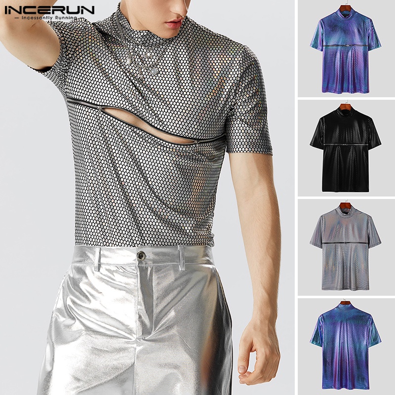 INCERUN Áo Thun Tay Ngắn Cổ Cao Phối Khóa Kéo Thời Trang Cá Tính Cho Nam