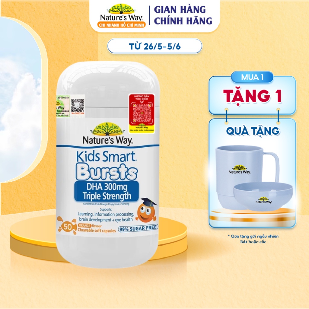 Viên Nhai Nature's Way Kids Smart DHA 300mg Triple Strength Tăng Cường Sự Phát Triển Của Trẻ 50 Viên