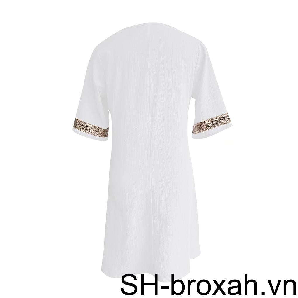 Đầm Cotton Lanh Tay Lửng Dáng Rộng Cổ Chữ V Khoét Rỗng Thời Trang Mùa Hè Cho Nữ