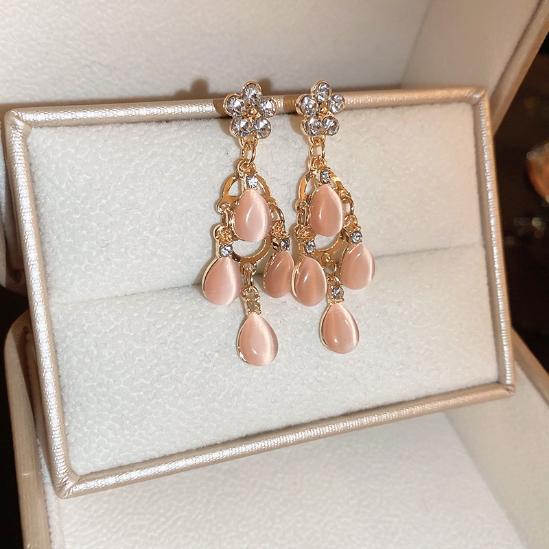 Bông Tai Mạ Bạc Đính Đá Opal Hình Giọt Nước Thời Trang Cao Cấp