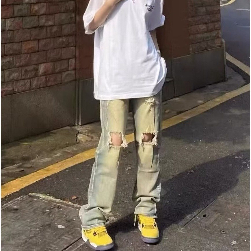 DaDuHey✨ American Style Retro High Waist Ripped Jeans Straight-Leg Pants Women's Summer Loose Wide Leg Slim Mop Pants
