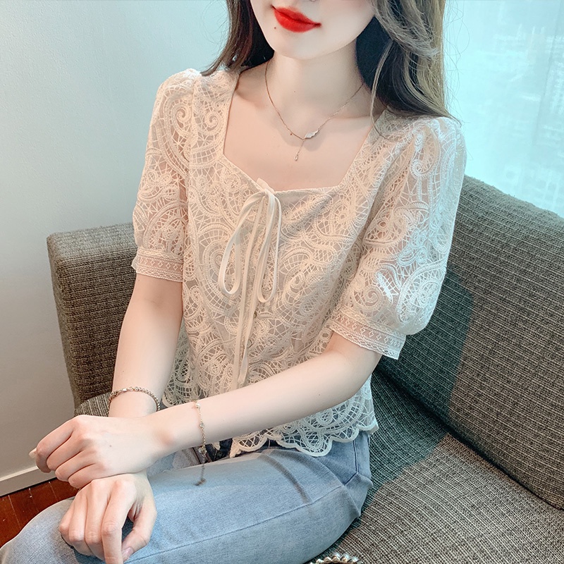 Áo Sơ Mi Chiffon Tay Ngắn Phối Ren Thời Trang Mùa Hè 2023 Phong Cách Mới Cho Nữ