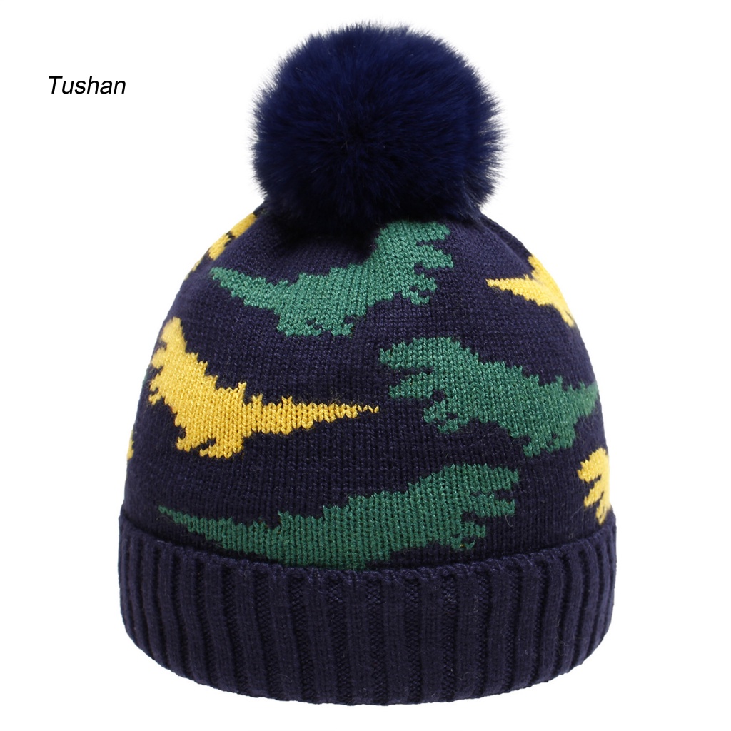Mũ Beanie Dệt Kim Viền Xoăn Đính Bóng Lông Họa Tiết Khủng Long Hoạt Hình Thời Trang Thu Đông Cho Bé