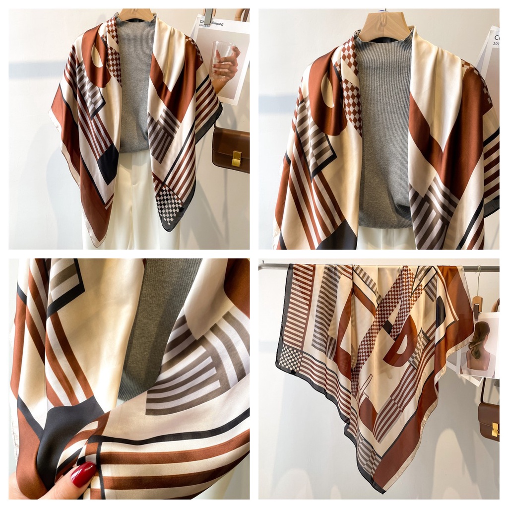 Khăn Quàng Cổ Lụa Satin 110cm Họa Tiết Kẻ Sọc Đơn Giản Dễ Phối Đồ Cho Nữ