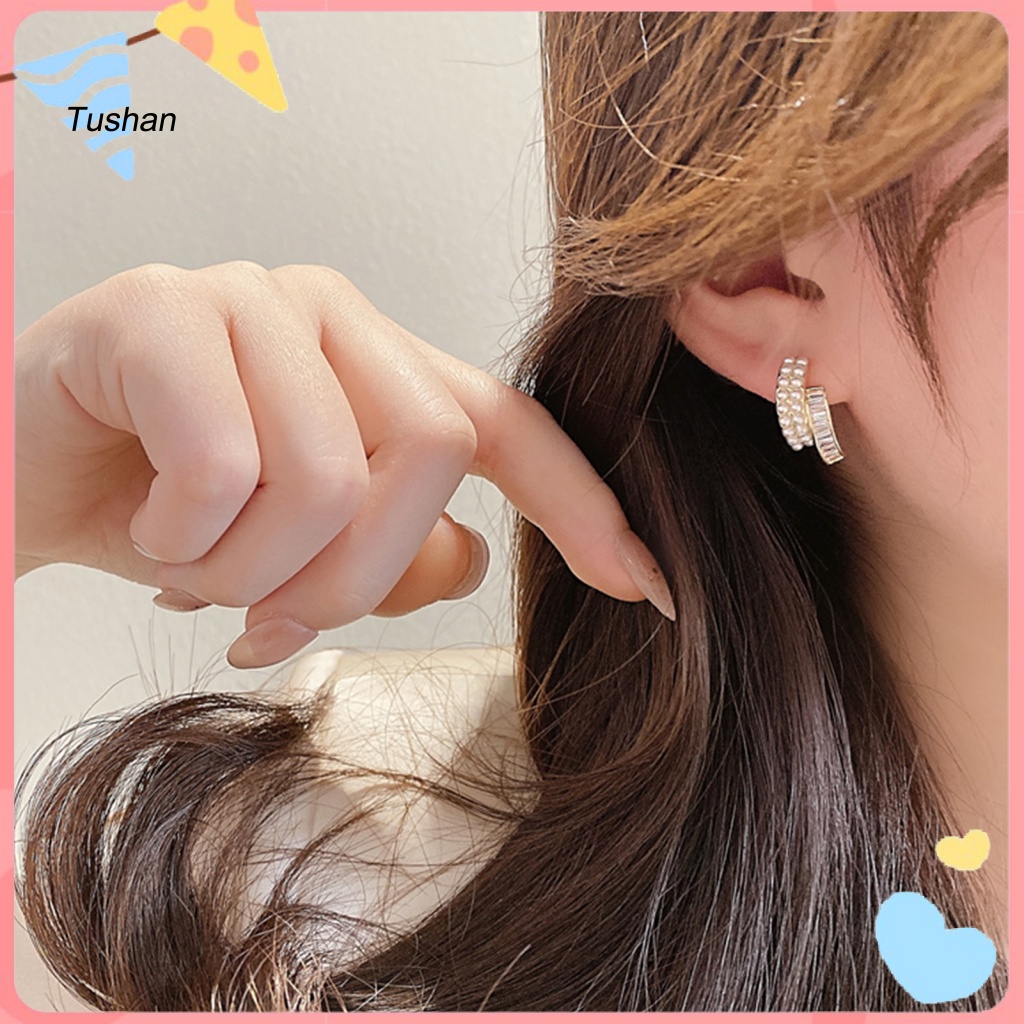 1 Đôi Bông Tai Ngọc Trai Giả Hai Lớp Đính Đá Thời Trang