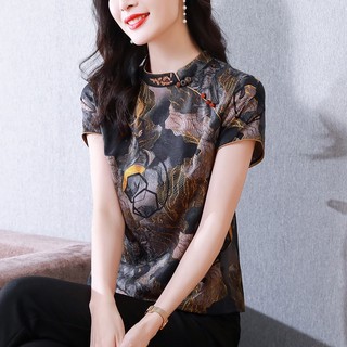 Áo Sơ Mi Lụa Jacquard Tay Ngắn Cổ Đứng Phong Cách Trung Hoa Thời Trang Mùa Hè Cho Nữ