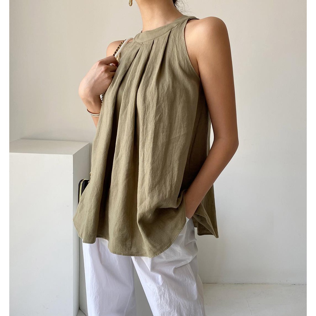 SUXI Áo Thun Không Tay Dáng Rộng Màu Sắc Đơn Giản Phong Cách Vintage Hàn Quốc