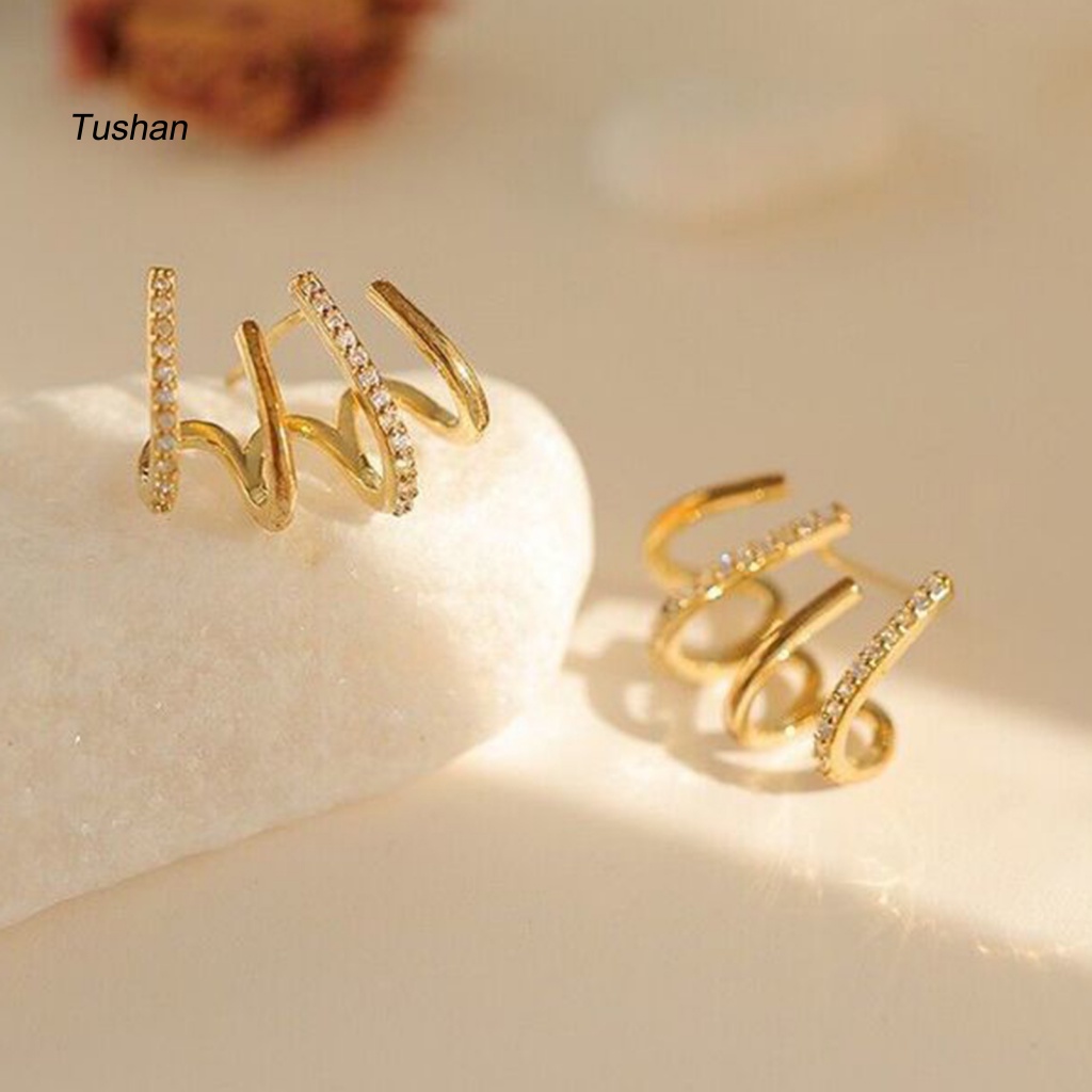 1 Đôi Bông Tai Hình Chữ U Bốn Hàng Thời Trang Hàn Quốc