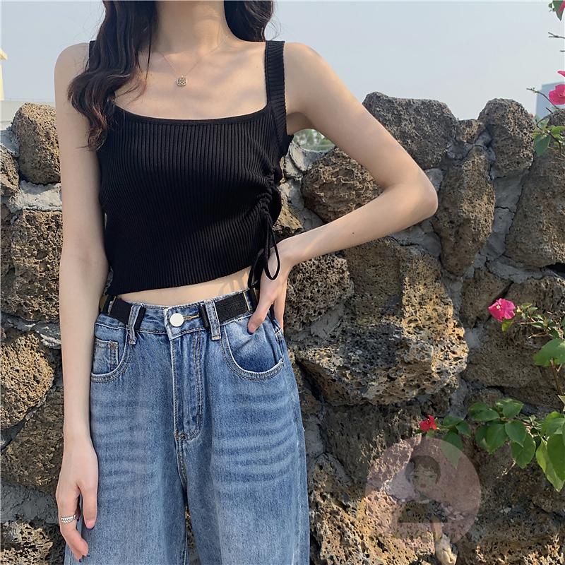 Áo Dệt Kim Hai Dây Ngắn Màu Sắc Đơn Giản Thời Trang Mùa Hè Cho Nữ