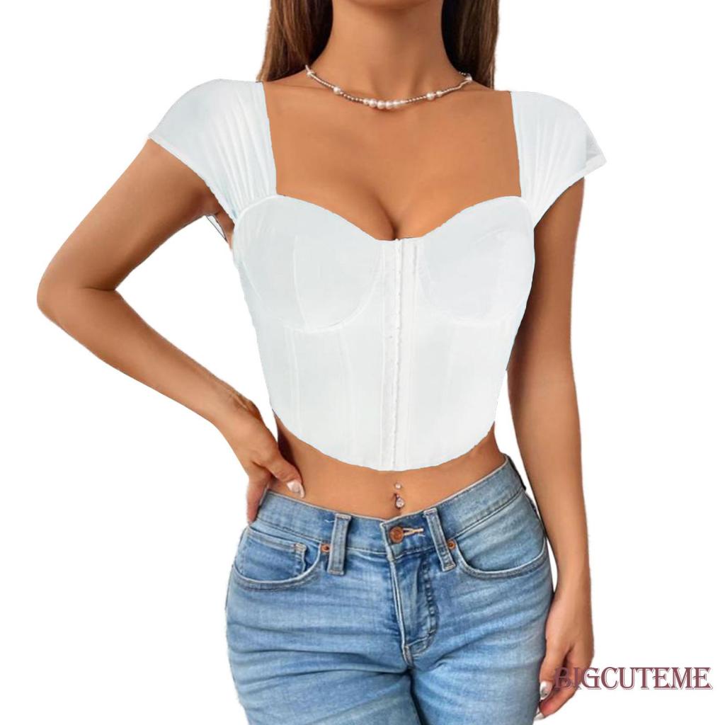 Áo Thun Croptop Tay Ngắn Dáng Ôm Màu Trơn Thời Trang Mùa Hè Xinh Xắn Cho Nữ