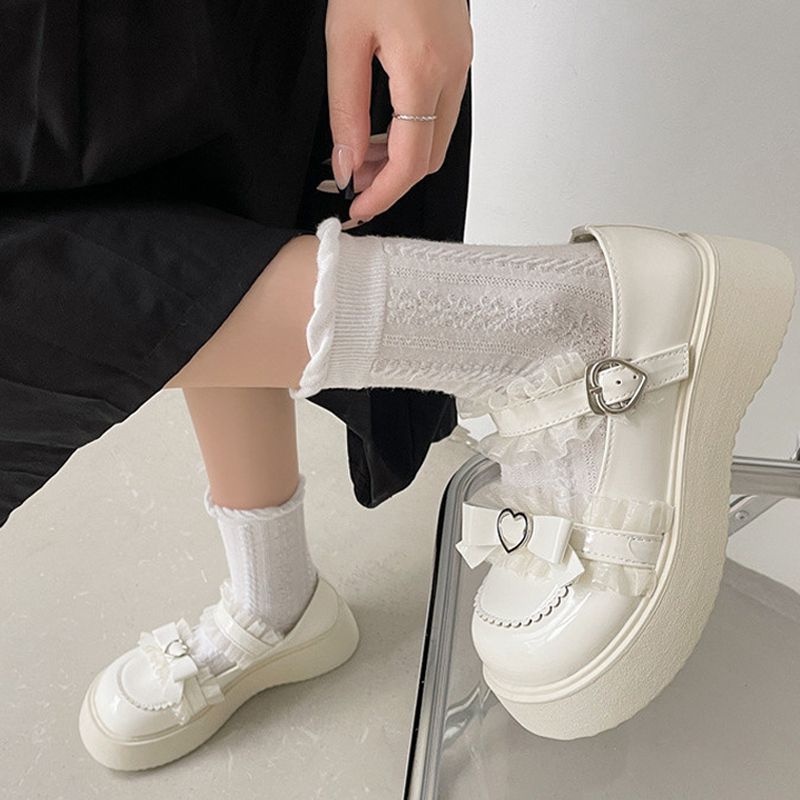 Giày nữ Lolita Da Đế Dày Đính Nơ Phong Cách Lolita Mary Jane vòng đầu giày đen