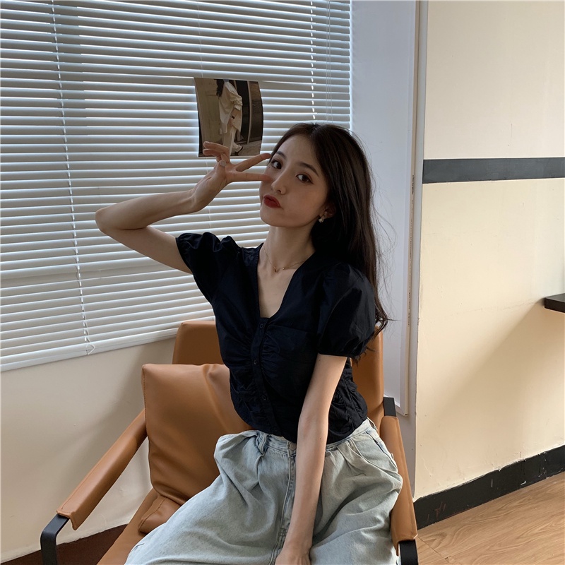 SUXI Áo Kiểu Tay Phồng Cổ Chữ V Màu Sắc Đơn Giản Phong Cách Hàn Quốc