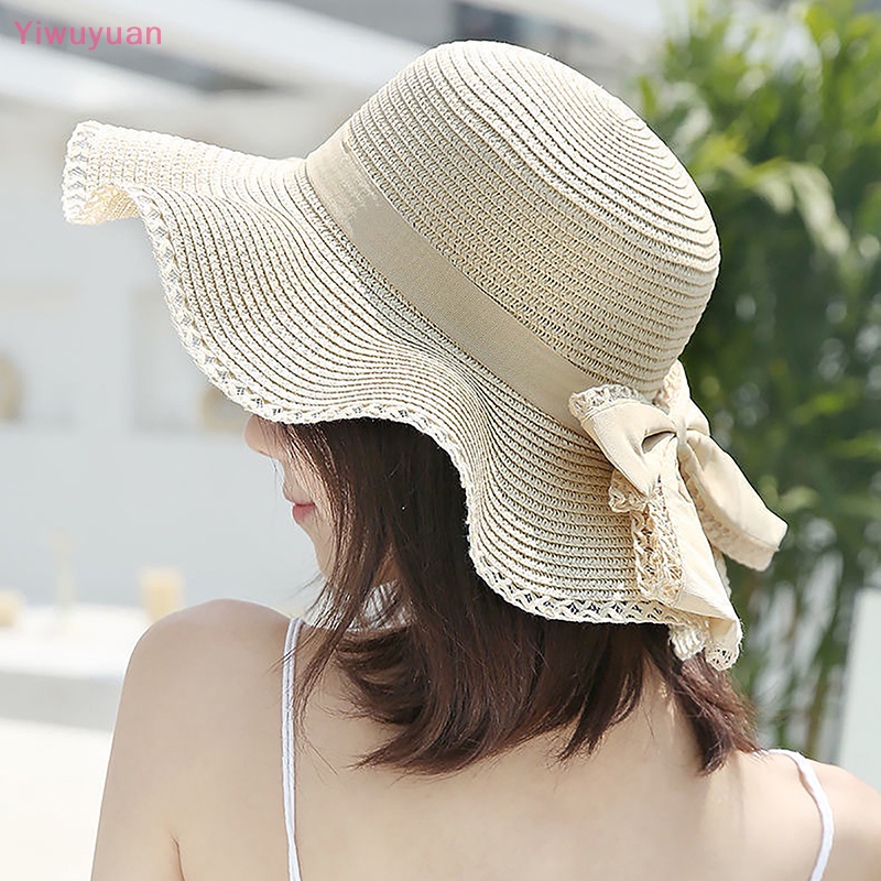 < Yiwuyuan > Mũ Rơm Vành Gợn Sóng Thắt Nơ Đi Biển Mùa Hè Thanh Lịch Có Thể Gập Lại Cho Nữ