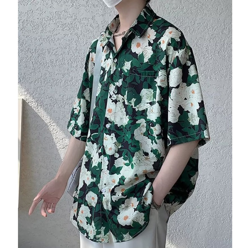 Áo Sơ Mi Tay Ngắn Dáng Rộng Chất Lụa Lạnh Họa Tiết Hoa Cúc Thời Trang Cá Tính Cho Nam