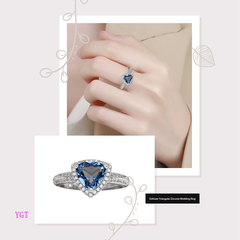 Ygt Nhẫn Cưới Đính Đá Zircon Hình Trái Tim / Tam Giác Màu Xanh Dương Đẹp Mắt