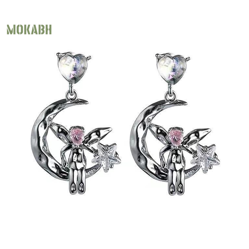 1 Đôi Bông Tai Hình Trái Tim Đính Đá Mặt Trăng Ngôi Sao Không Gây Dị Ứng Thời Trang