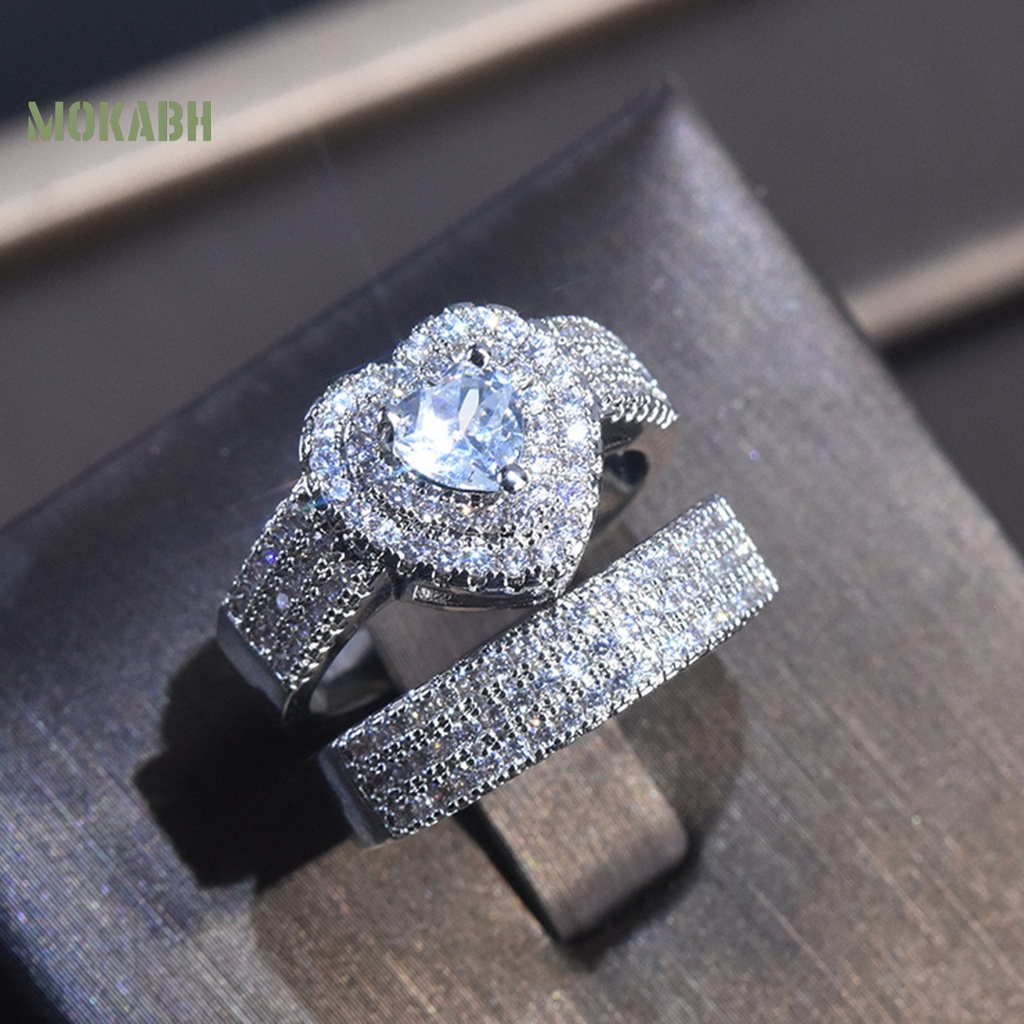 Set 2 Nhẫn Đính Đá Hình Trái Tim Sang Trọng Cho Cô Dâu