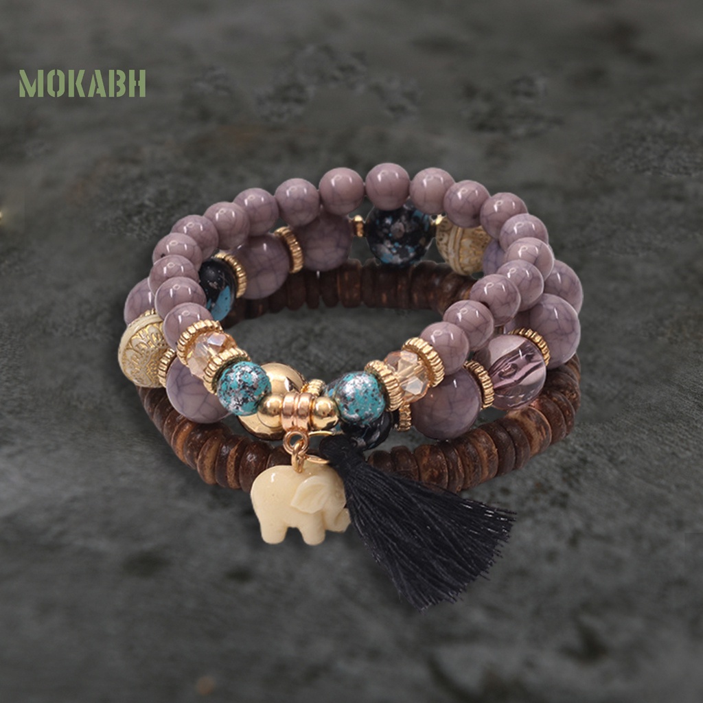 Bộ 3 Vòng Tay Chuỗi Hạt Gỗ Và Tua Rua Thời Trang Xinh Xắn