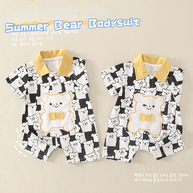 Áo Liền Quần Bằng Cotton Tay Ngắn In Hình Gấu Nhỏ Phong Cách Hàn Quốc Thời Trang Mùa Hè Hàng Mới Dành Cho Bé Trai Gái 0-24 Tháng