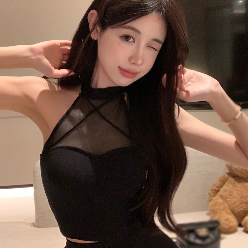 Áo Không Tay Phối Lưới Màu Sắc Đơn Giản Thanh Lịch Cho Nữ