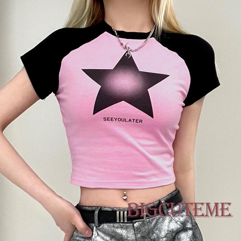 Áo Thun Crop Top Tay Ngắn In Chữ / Ngôi Sao Màu Sắc Tương Phản Thời Trang Cho Nữ