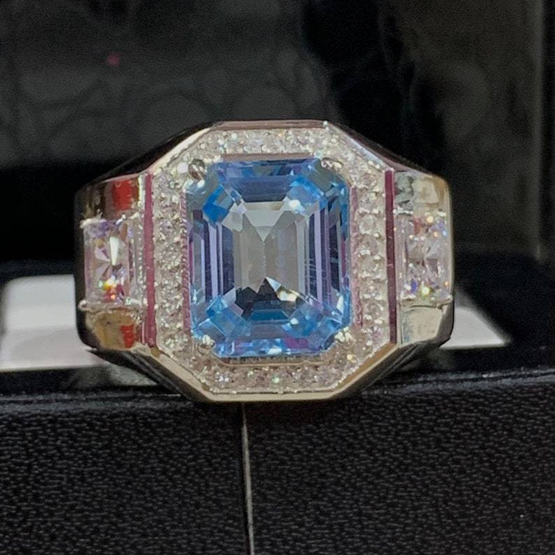 Nhẫn Cưới Thép Titan Đính Kim Cương Pha Lê Xanh Biển Sang Trọng Cho Nam