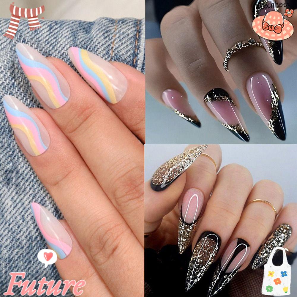 Set 24 Móng Tay Giả Dạng Nhấn Gợn Sóng Nhiều Màu Sắc Phong Cách Pháp