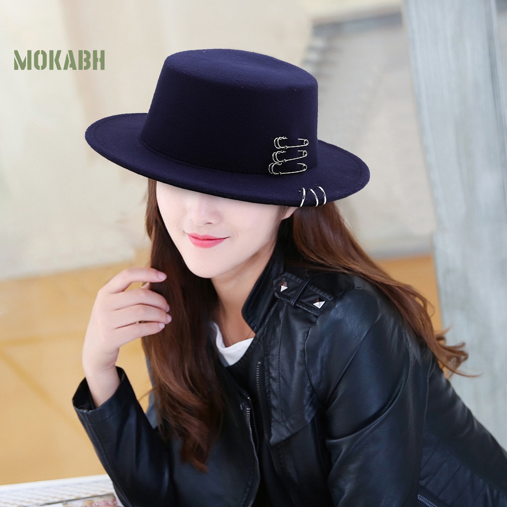 [Mok Abh] Mũ Fedora Len Chống Nắng Vành Phẳng Màu Trơn Cổ Điển Trang Trí Cho Nam Và Nữ