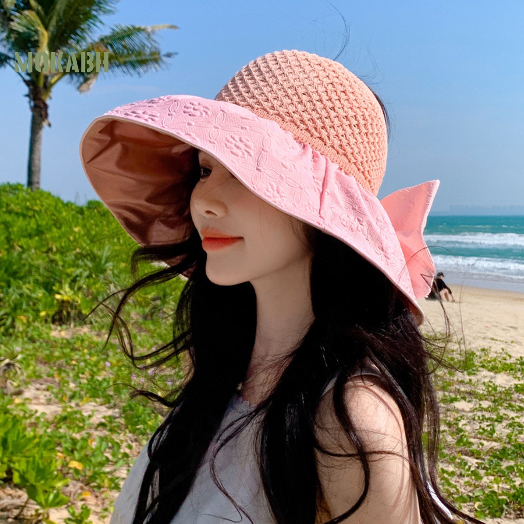 [Mok Abh] Mũ Vành Rộng Hở Chóp Thắt Nơ Dập Nổi Thời Trang Du Lịch Cho Nữ